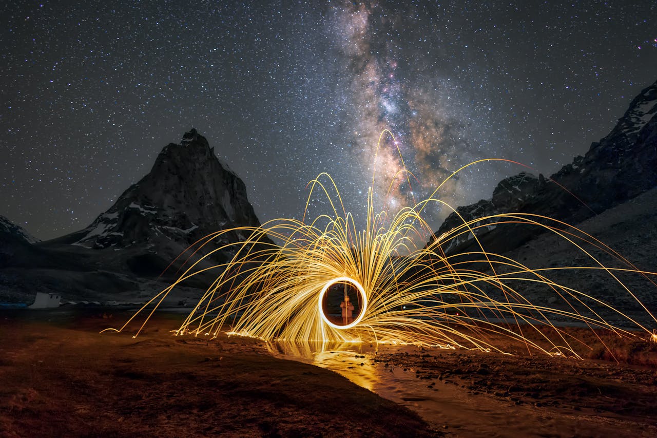 Spectacular long exposure of the Milky Way in Leh with light painting, creating a mesmerizing landscape.